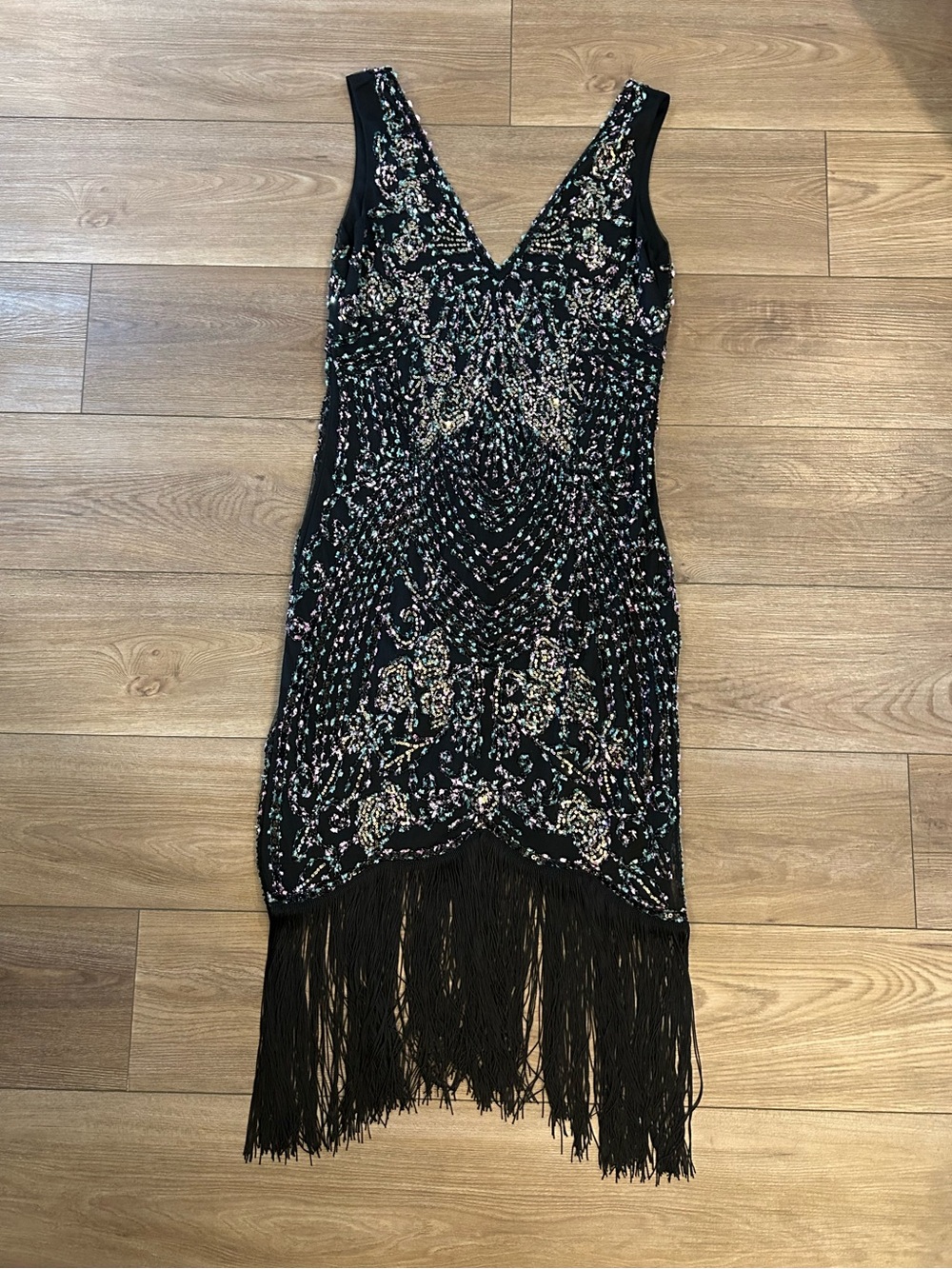 Black Sequin Embellished Fringe Mini Dress Women’s M Flapper Gatsby